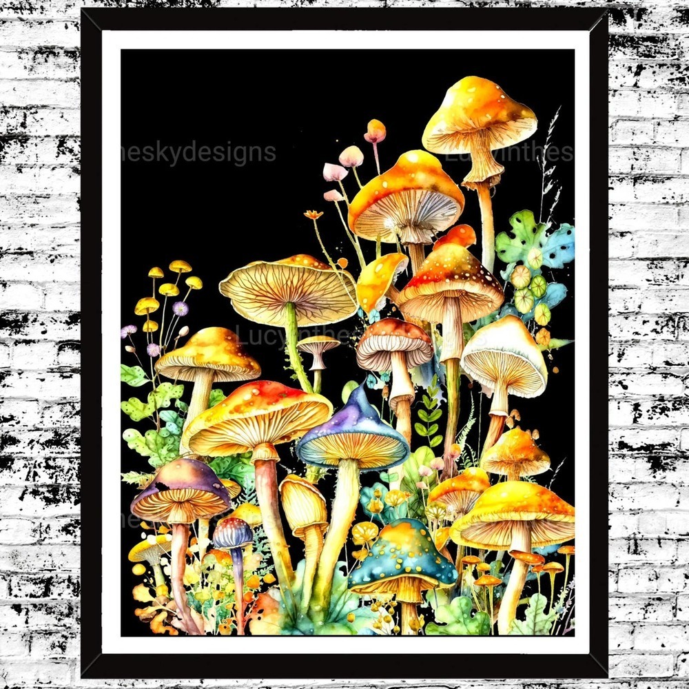 Art Print Mushroom Meeting In Black 8.5x11 Wall Decor